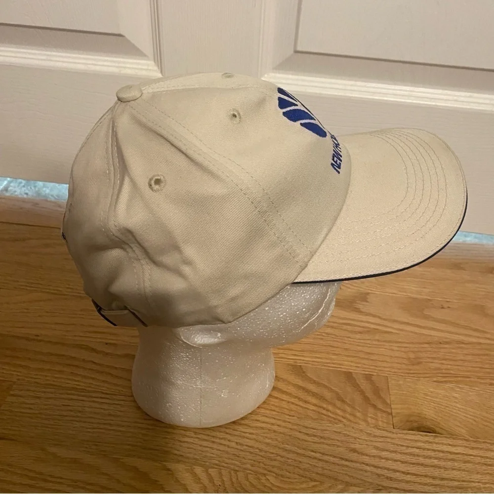Vintage K Products New Holland Strapback Hat Tan Blue Flag Made in USA
